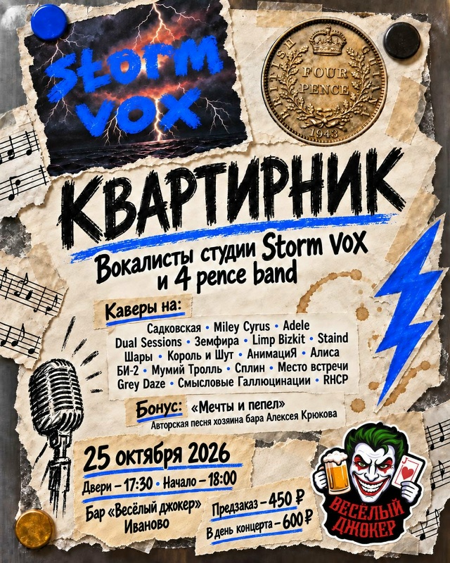 Афиша концерта Квартирник вокалисты студии "Storm VOX" и 4 Pence band в рок-баре Весёлый Джокер
